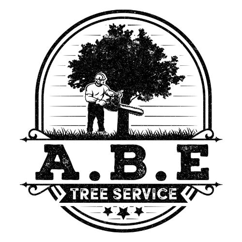 Logo for A.B.E. Tree Service featuring a lumberjack operating a chainsaw next to a large tree, reflecting its expertise as a top Lehigh County tree company. The design includes stars and decorative scrolls.